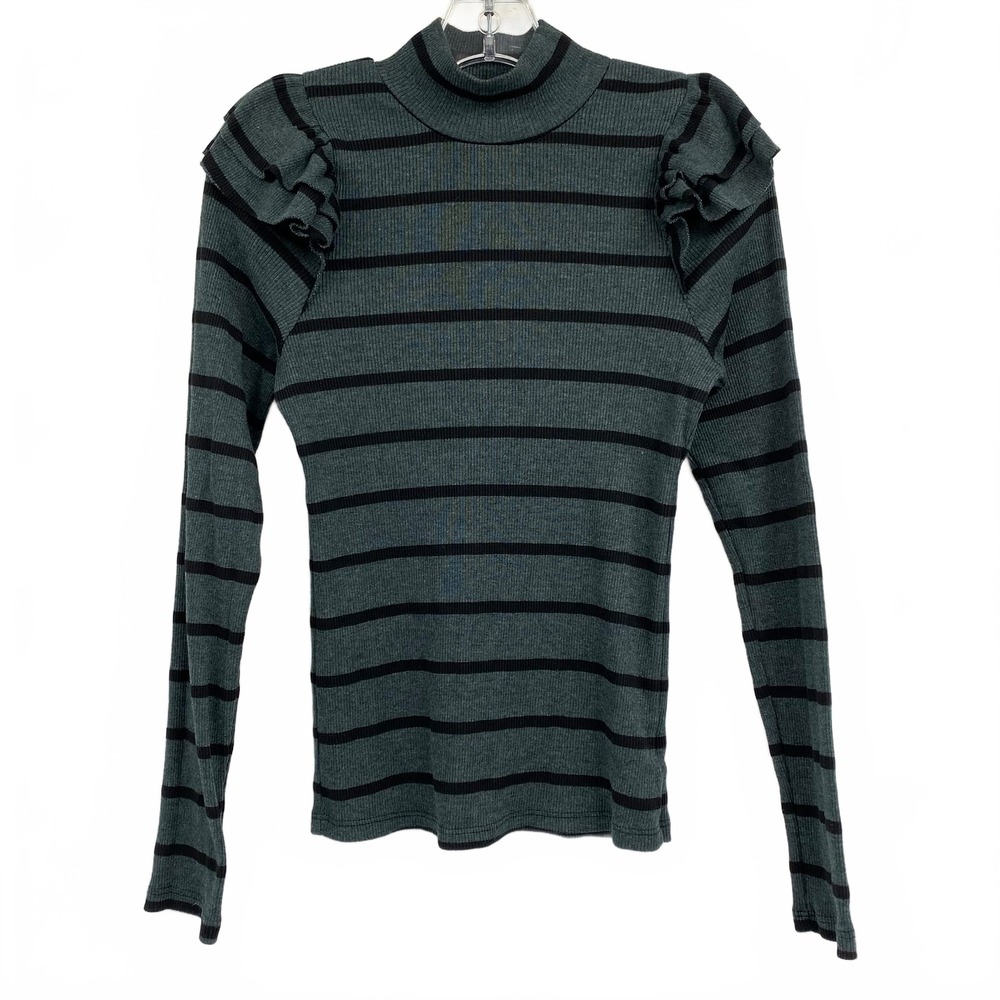 T.La Green Black Rib Knit Ruffle Shoulder Striped Long Sleeve Top | Women’s S